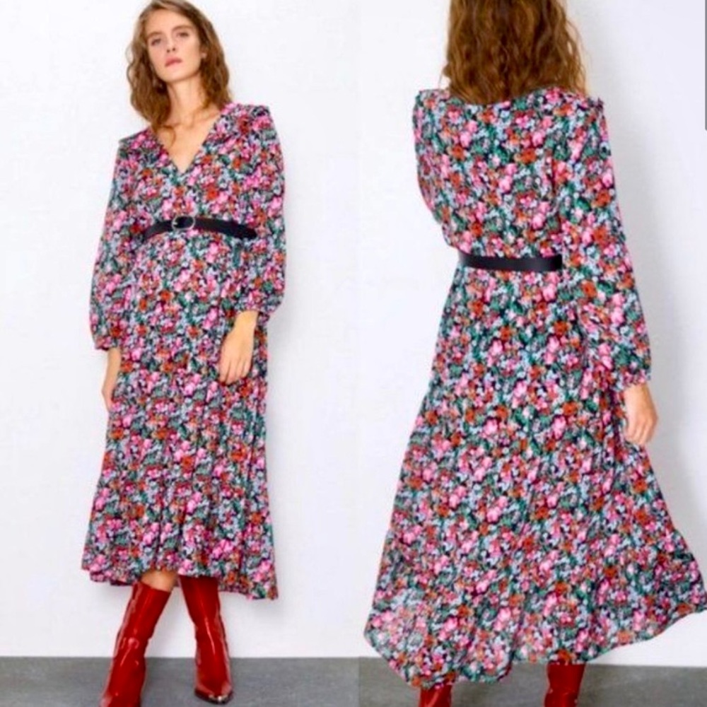Zara Floral Peasant Maxi Dress Women’s Size M Ruffle Trim V Neck Tiered Hem Boho